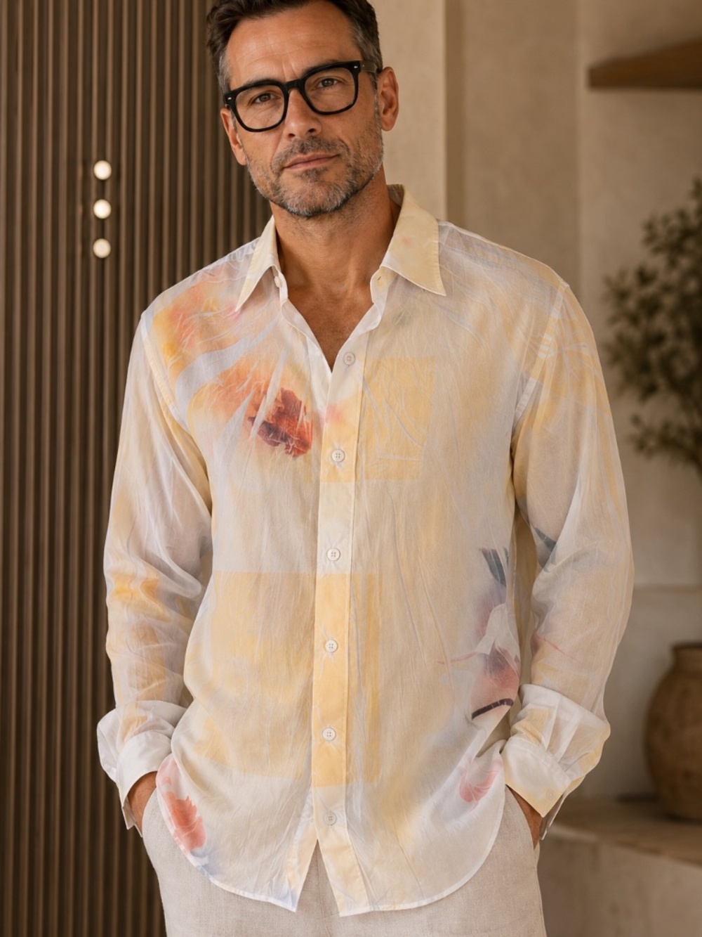 Vizzini Medium Ivory Abstract Print Button-Up Shirt